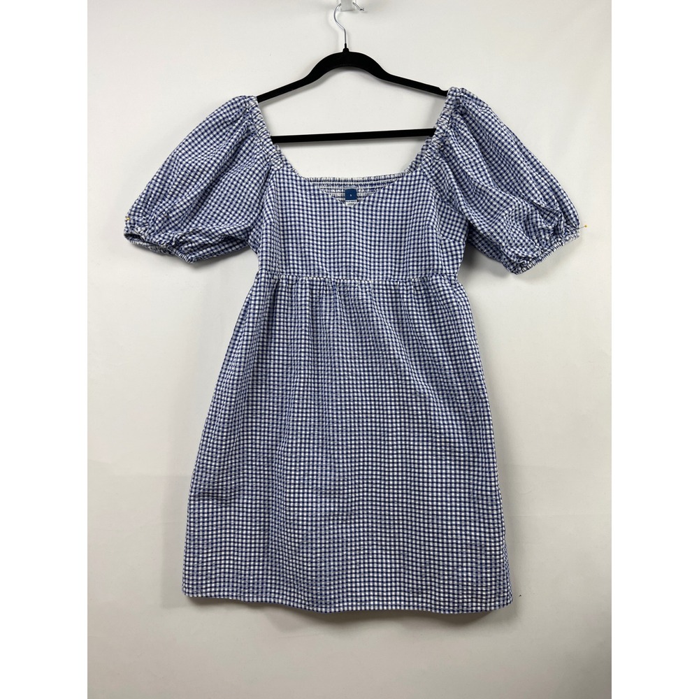Old Navy Milkmaid Dress Womens Small Blue Gingham Puff Sleeve Smocked Pockets